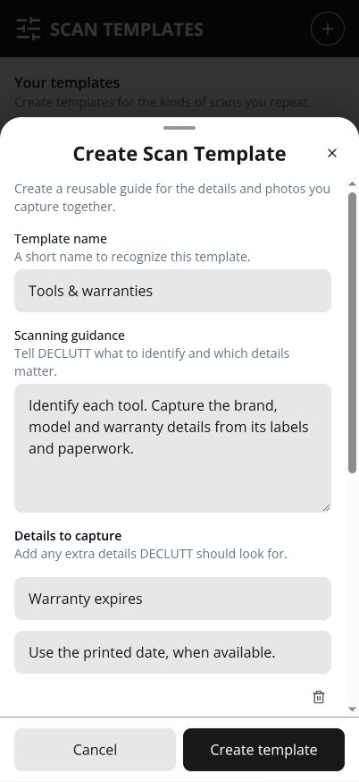 Actual Create Scan Template drawer with an unsaved example.