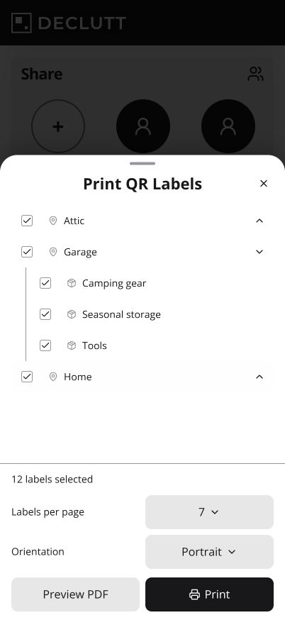 Actual Print QR Labels drawer.