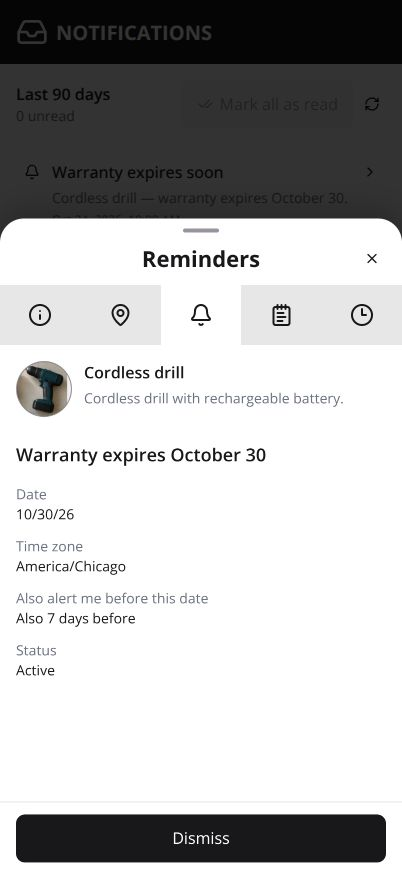 Actual reminder alert drawer with a demo warranty reminder.
